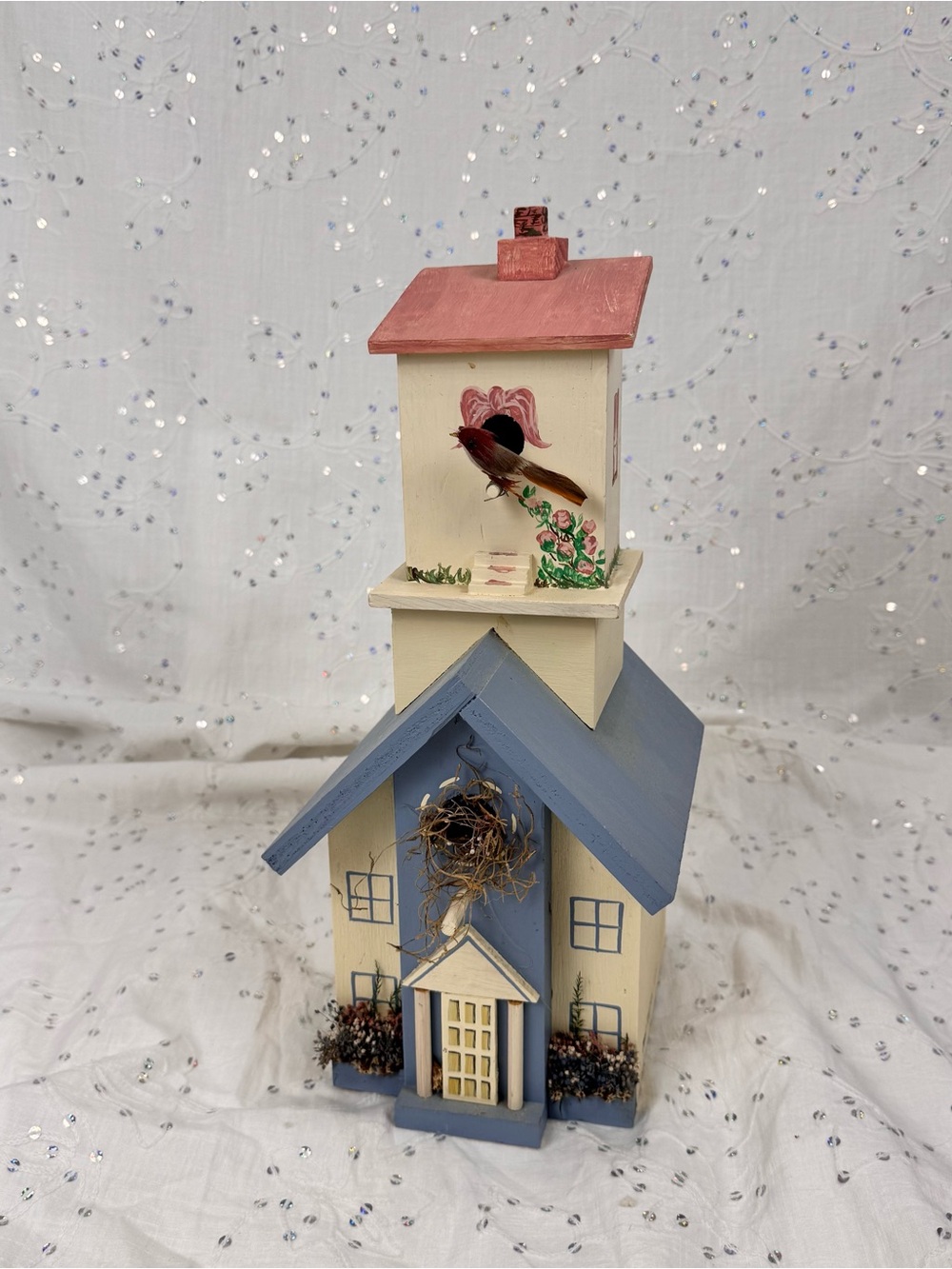Vintage 1995 Hand Painted Wooden Birdhouse Folk Art Country Cottage Decor